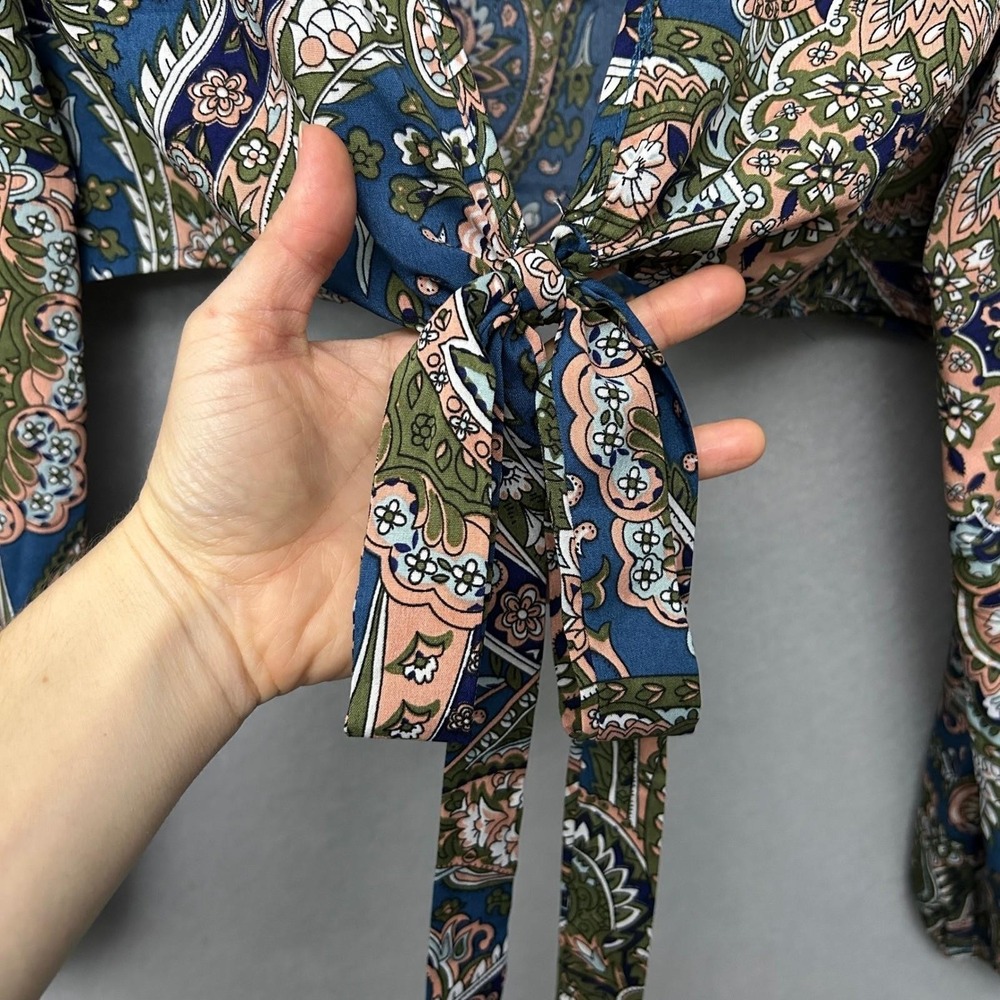 SHEIN Curve Paisley Tie Front Crop Top Womens 2XL Blue Green Boho Long Sleeve - Picture 8 of 16